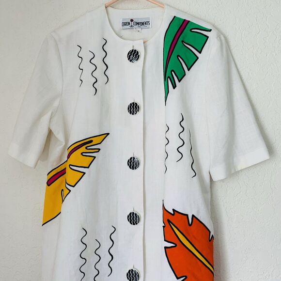 VTG Caron Components Top Women 16 White Retro Tropical Button Front 80s Vacation - Picture 2 of 11